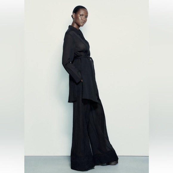 Zara Black Semi-sheer Minimalist Belted Blouse Relaxed long sleeves belt NWT - Picture 6 of 16